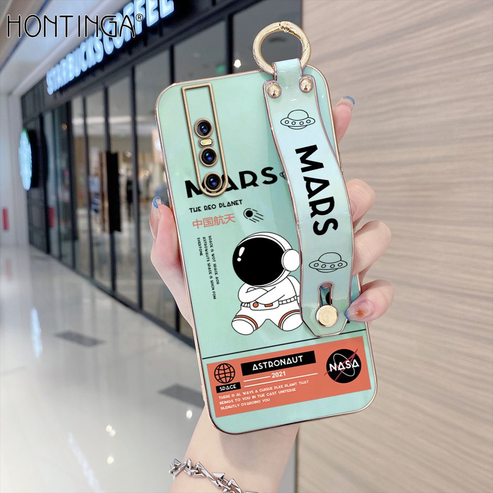 Hontinga for Vivo V15 Pro Back Cover With Wristband Luxury 6D Plating Cute Space Astronaut  Case Soft Silicone Square Phone Cases