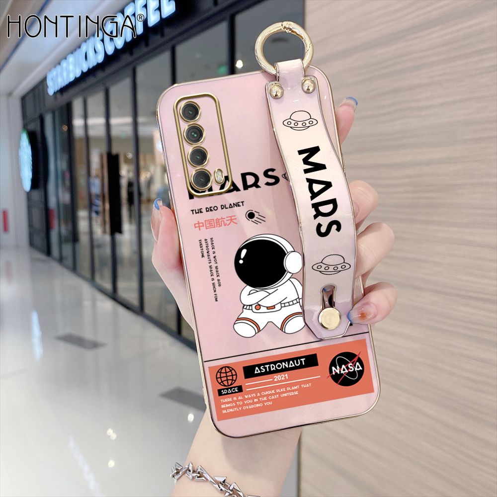 Hontinga for Huawei Y7A Back Cover With Wristband Luxury 6D Plating Cute Space Astronaut  Case Soft Silicone Square Phone Cases