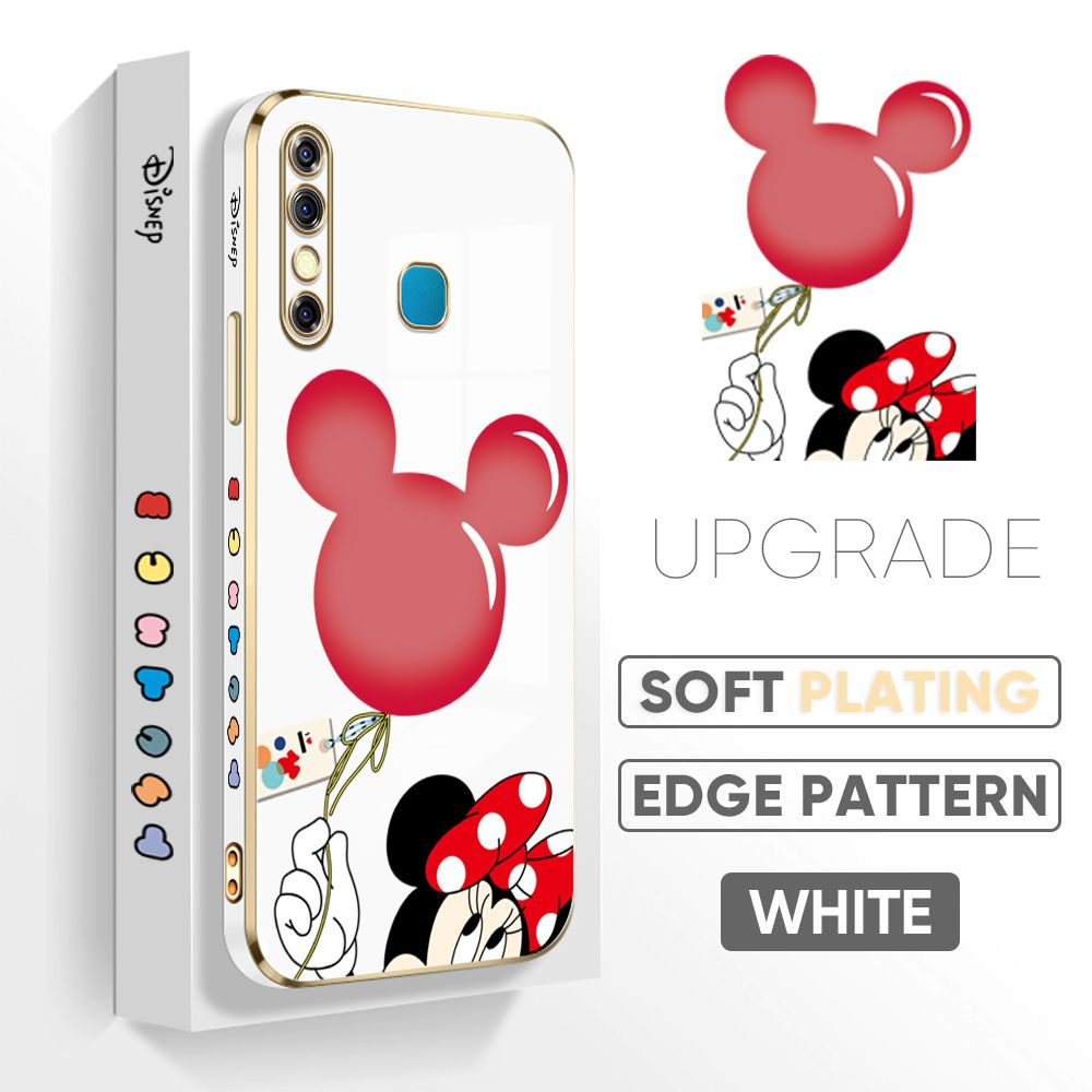 Jizetin (Free Lanyard) Infinix Hot 8 Hot 8 Pro Back Cover Red Mouse Balloon Luxury 6D Plating Case Side Pattern Soft Silicone Square Phone Cases