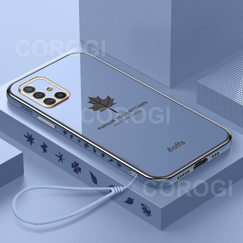 For Samsung Galaxy A51 Cover + Wrist Strap Fashion Shiny Maple leaf Plating Square Bumper Phone Case Soft TPU Silicone Shockproof Protective Back Cover