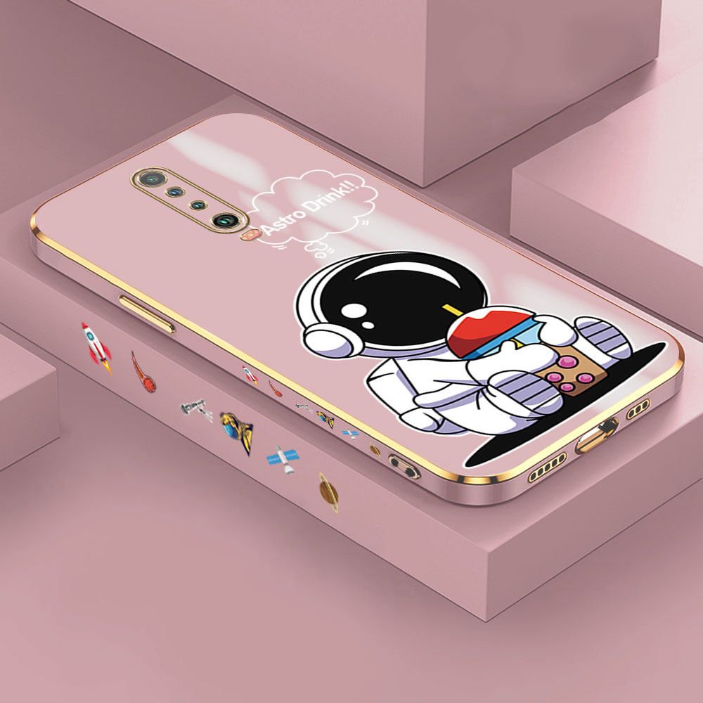 Jizetin (Free Lanyard) Xiaomi Poco X2 / Redmi K30 Case Cute Cartoon Drink Astronaut Luxury 6D Plating Soft Casing Silicone Ultra Thin Phone Cover