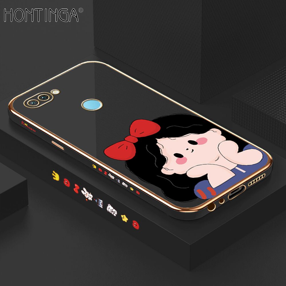 Hontinga for OPPO F9 Back Cover + Free Lanyard Luxury 6D Plating Cute Bow Girl Side Pattern Case Soft Silicone Square Mobile Cover