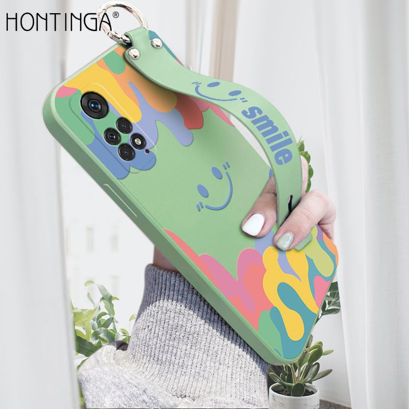 Hontinga for Xiaomi Redmi Note 11 / Note 11S Back Cover Wrist Strap Soft Candy Color Splash Ink Case Square Printed Pattern Liquid Silicone Phone Cases