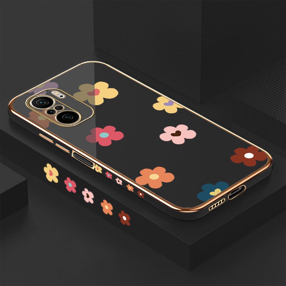 Luxury 6D Plating Case for Redmi K40 Color Cartoon Flowers Side Pattern Back Cover Soft Silicone Square Frame Shiny Bling Phone Cases + Free Lanyard