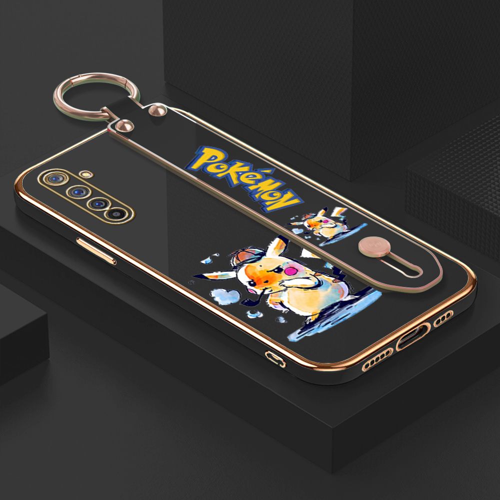 UCUC for Realme 6 Pro Wrist Strap Back Cover + Free Lanyard Pikachu Fashion Luxury 6D Plating Soft Casing Silicone Square Frame Phone Case