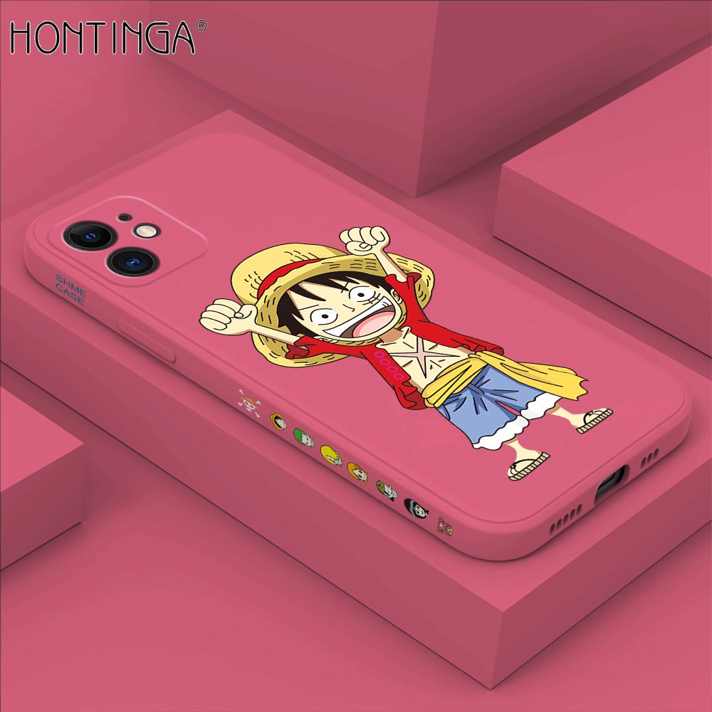 Hontinga for iPhone 12 Case Side Design Anime Cartoon Luffy Back Cover Soft Square Edge Pattern Liquid Silicone Trend Phone Cases