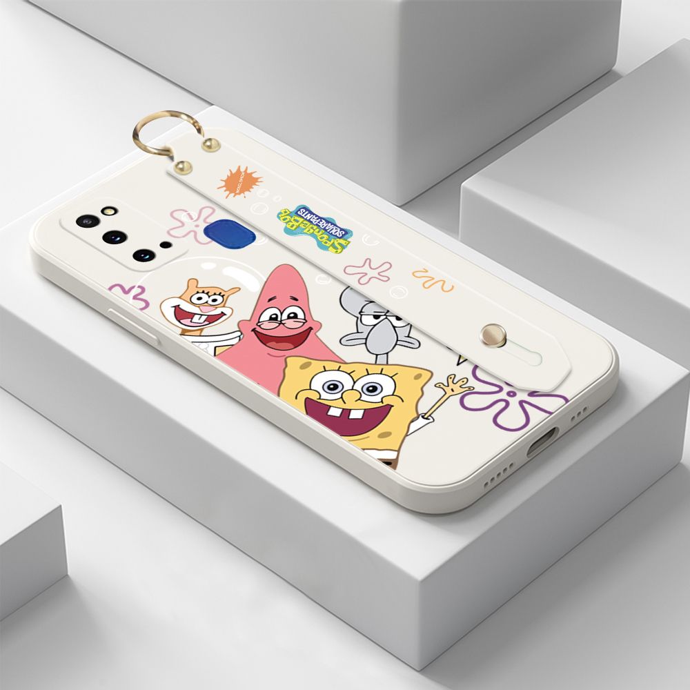 ZeroQiQi for Samsung Galaxy M31 Wrist Strap Case Cute Cute Funny Cartoon Sponge for Square Pants Cover Square Edge Liquid Silicone Anti-drop Phone Case