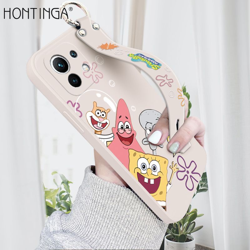 Hontinga for Xiaomi Mi 11 Wrist Strap Case Cute Cute Funny Cartoon Sponge for Square Pants Cover Square Edge Liquid Silicone Anti-drop Phone Case