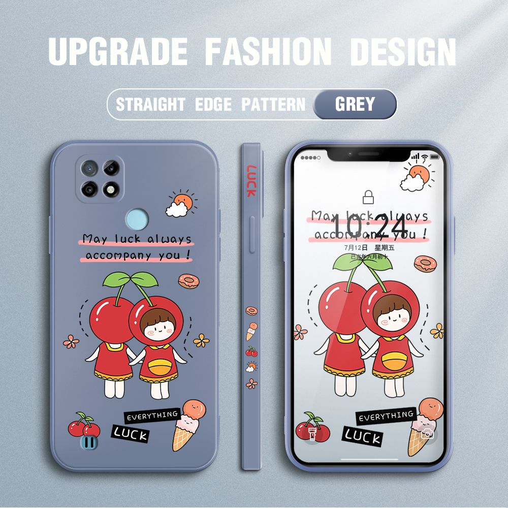 Jizetin for Realme C21 Case Fashion Cherry Girl Design Side Design Phone Case Square Edge Pattern Liquid Silicone Cases Full Cover Camera Shockproof Protective Case