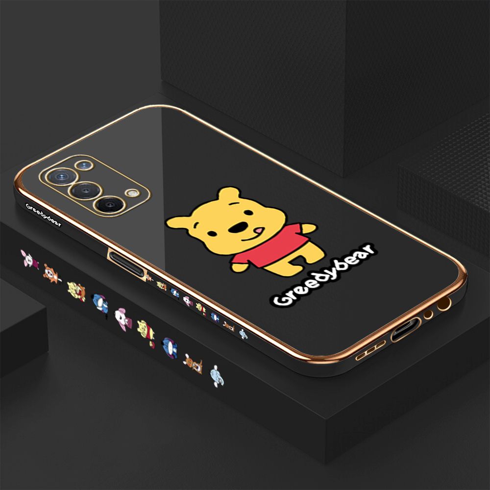 Luxury 6D Plating Case for OPPO A74 5G Cartoon Squirming Bear Side Pattern Back Cover Soft Silicone Square Phone Cases + Free Lanyard