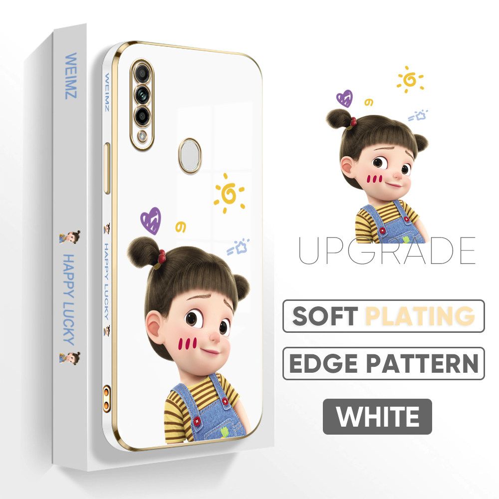 Jizetin (Free Lanyard) OPPO A31 2020 Back Cover Double Ponytail Girl Luxury 6D Plating Case Side Pattern Soft Silicone Square Mobile Phone Cases
