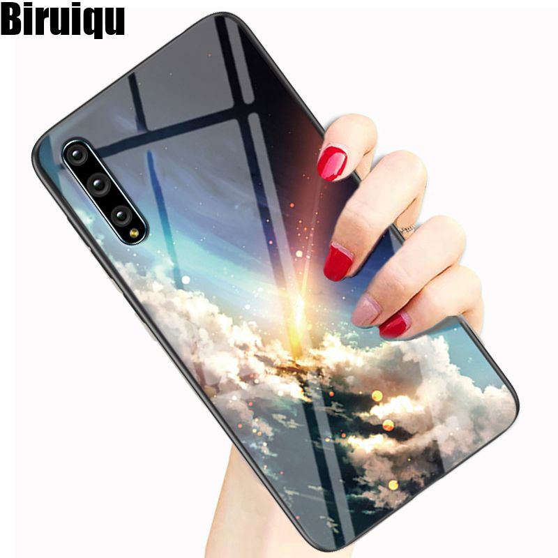 Biruiqu For Huawei Y8P 2020 Shockproof Starry Colorful Tempered Glass Back Soft Silicone Edge Case Cover