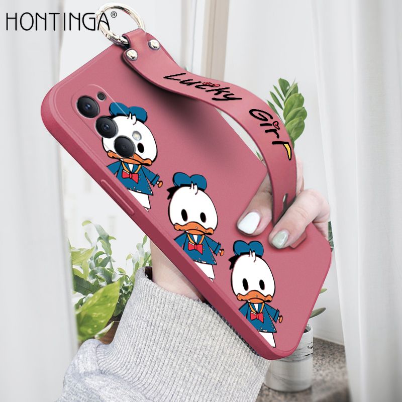 Hontinga for OPPO Reno4 Wrist Strap Case Cute Cartoon Little Duck Phone Case Square Edge Liquid Silicone Case Full Cover Camera Shockproof Protective Cases