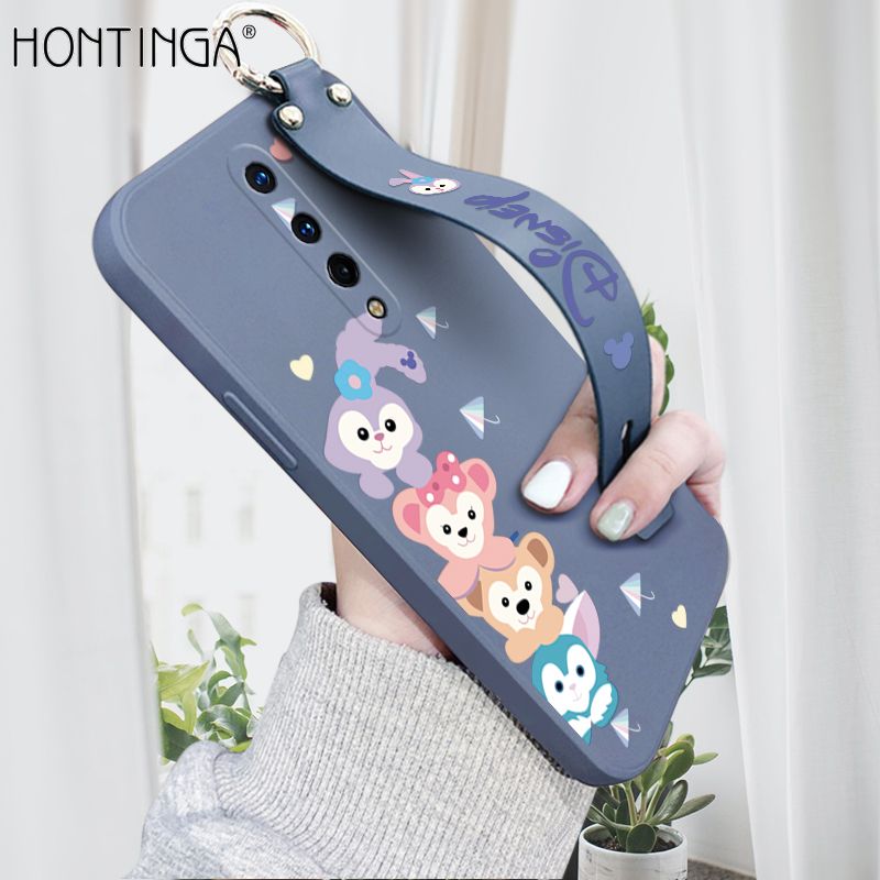 Hontinga for OnePlus 8 Wrist Strap Case INS Cute Style Creative Cartoon Rabbit and Fox Cover Thin Square Edge Liquid Silicone Phone Case