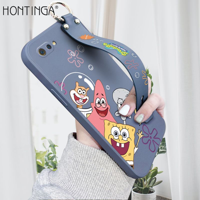 Hontinga for Realme C2 Wrist Strap Case Cute Cute Funny Cartoon Sponge for Square Pants Cover Square Edge Liquid Silicone Anti-drop Phone Case