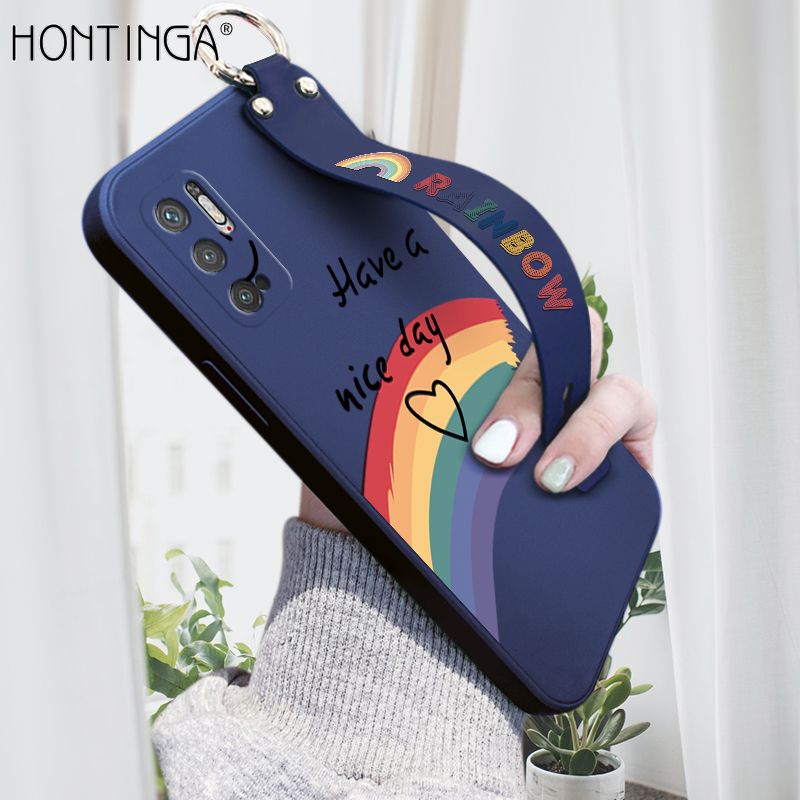 Hontinga for Xiaomi Redmi Note 10 5G Wrist Strap Case Lovely Graffiti Rainbow Smile Thin Phone Cover Square Edge Liquid Silicone Creativity Phone Case