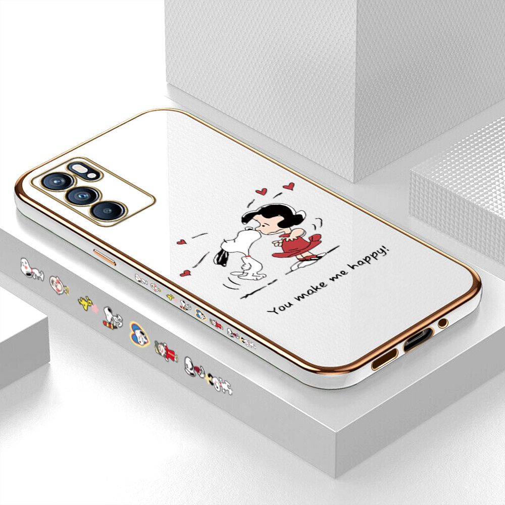 Luxury 6D Plating Case for OPPO Reno6 5G Happy Cartoon Puppy Side Pattern Back Cover Soft Silicone Square Frame Shiny Bling Phone Cases + Free Lanyard