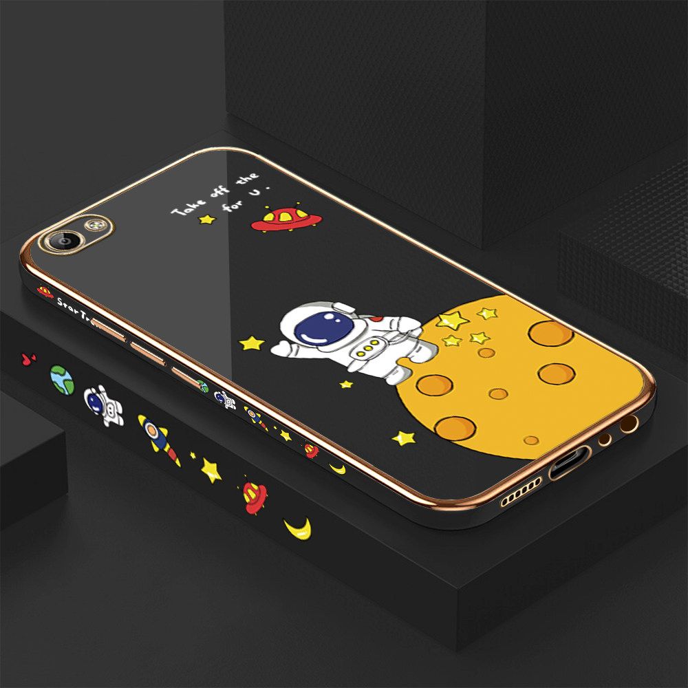 Luxury 6D Plating Case for Vivo V5S Cute Cartoon Happy Astronaut Side Pattern Back Cover Soft Silicone Square Frame Shiny Bling Phone Cases + Free Lanyard