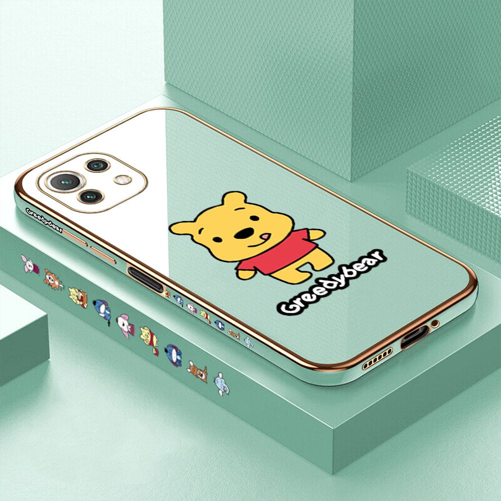 Luxury 6D Plating Case for Xiaomi 11 Lite 5G NE Squirming Little Sweet Bear Side Pattern Back Cover Soft Silicone Square Frame Shiny Bling Phone Cases + Free Lanyard
