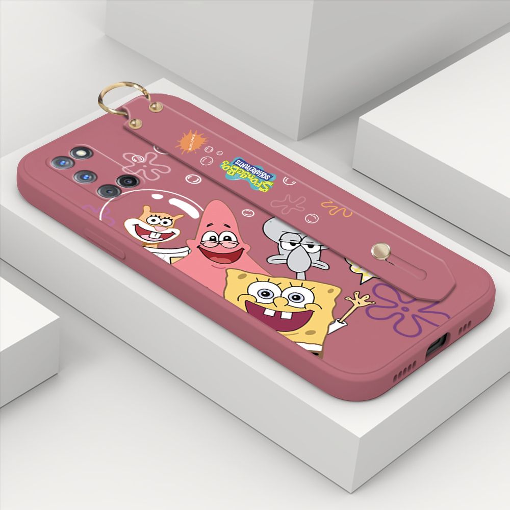 ZeroQiQi for OPPO A92 Wrist Strap Case Cute Cute Funny Cartoon Sponge for Square Pants Cover Square Edge Liquid Silicone Anti-drop Phone Case