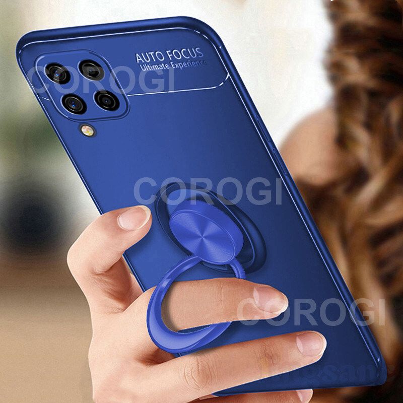 For Samsung Galaxy M32 Cover Shockproof Soft TPU Silicone Rubber Phone Case with Metal Finger Ring Stand Holder Magnetic Car Mount Protective Back Cover