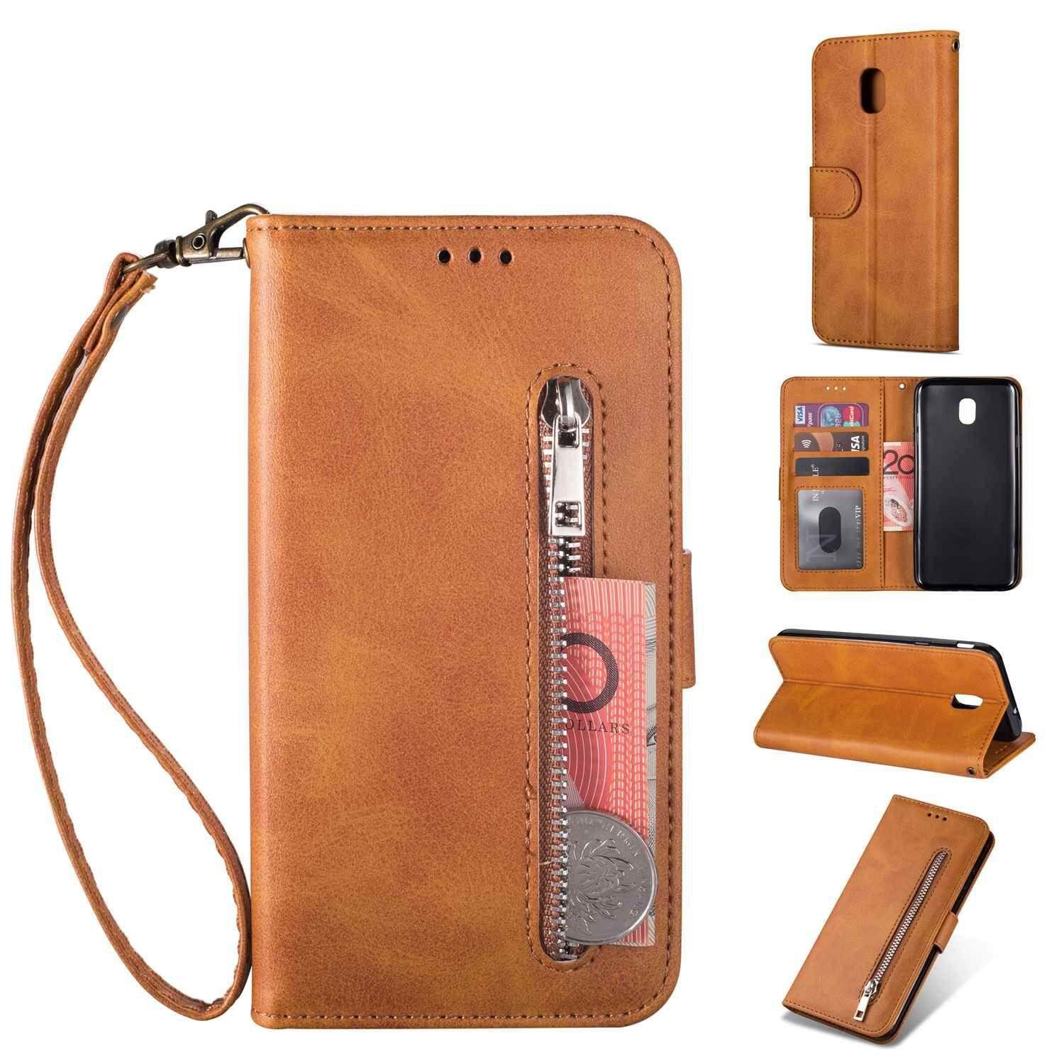 Maxlaber For Samsung Galaxy J7 Pro  J730 PU Leather Solid Color Zipper Pocket Design Card Slot Kickstand Flip Wallet Case With Wrist Strap