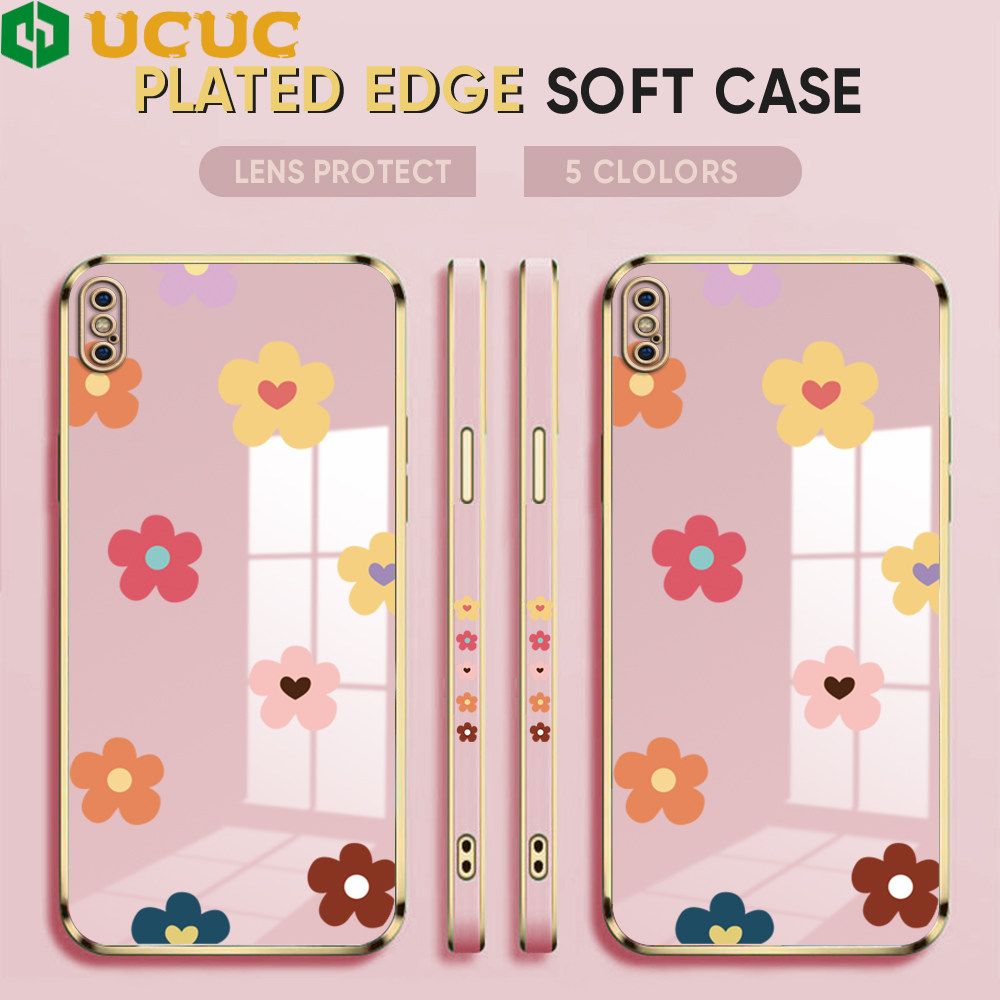 UCUC for iPhone XS MAX Back Cover + Free Lanyard INS Style Flower Luxury 6D Plating Case Side Pattern Soft Silicone Square Phone Cases