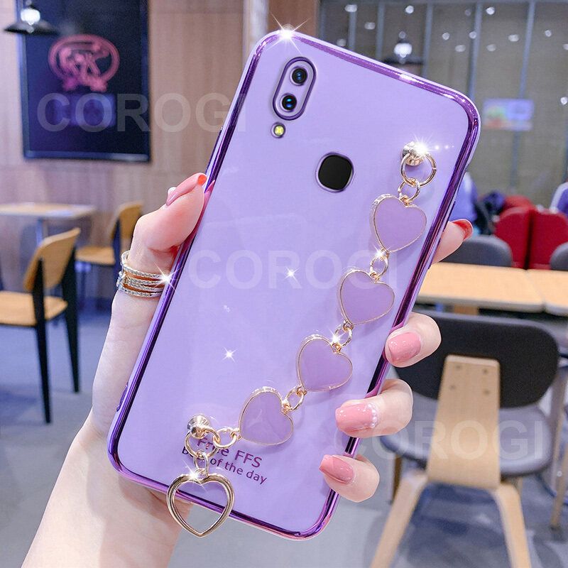 For Vivo Y91 Cover + Love Heart Bracelet Fashion Shiny Wrist Chain Plating Bumper Slim Phone Case Soft TPU Silicone Shockproof Protective Back Cover