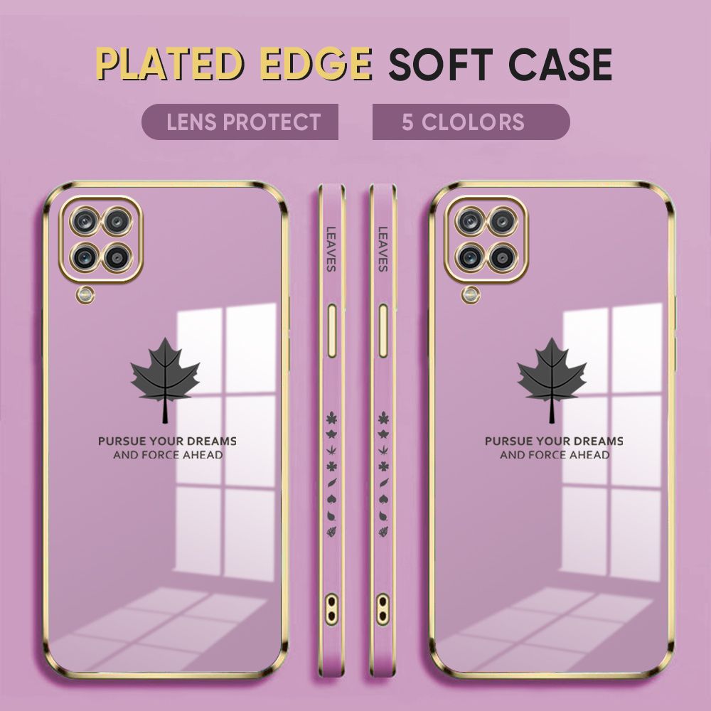 Luxury 6D Plating Case for Samsung M12 Phone Cases Maple Leaf Side Print Soft Silicone Square Back Cover