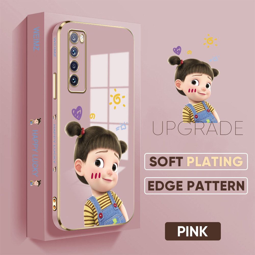 TA for Huawei Nova 7 Back Cover + Free Lanyard Naughty Girl Luxury 6D Plating Case Side Pattern Soft Silicone Square Phone Cases