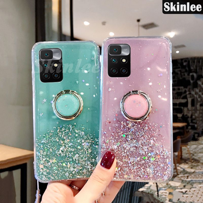 Phone Case for Redmi 10 Glitter Starry Sky Bling Ring Lanyard Shiny Soft Cases for Mi Redmi10 Transparent Holder Stand Back Cover Stars Girls