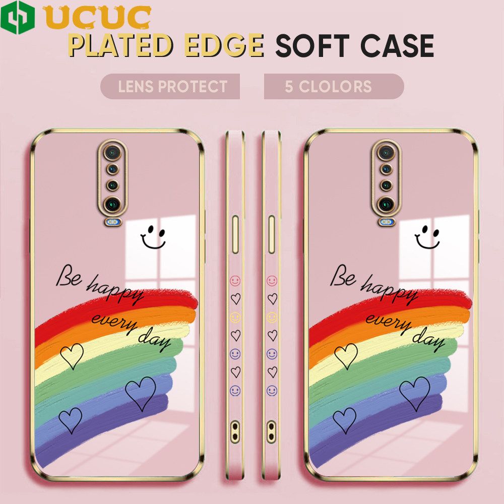 UCUC for Xiaomi Poco X2 / Redmi K30 Back Cover + Free Lanyard Rainbow Doodle Luxury 6D Plating Case Side Pattern Soft Silicone Square Phone Cases