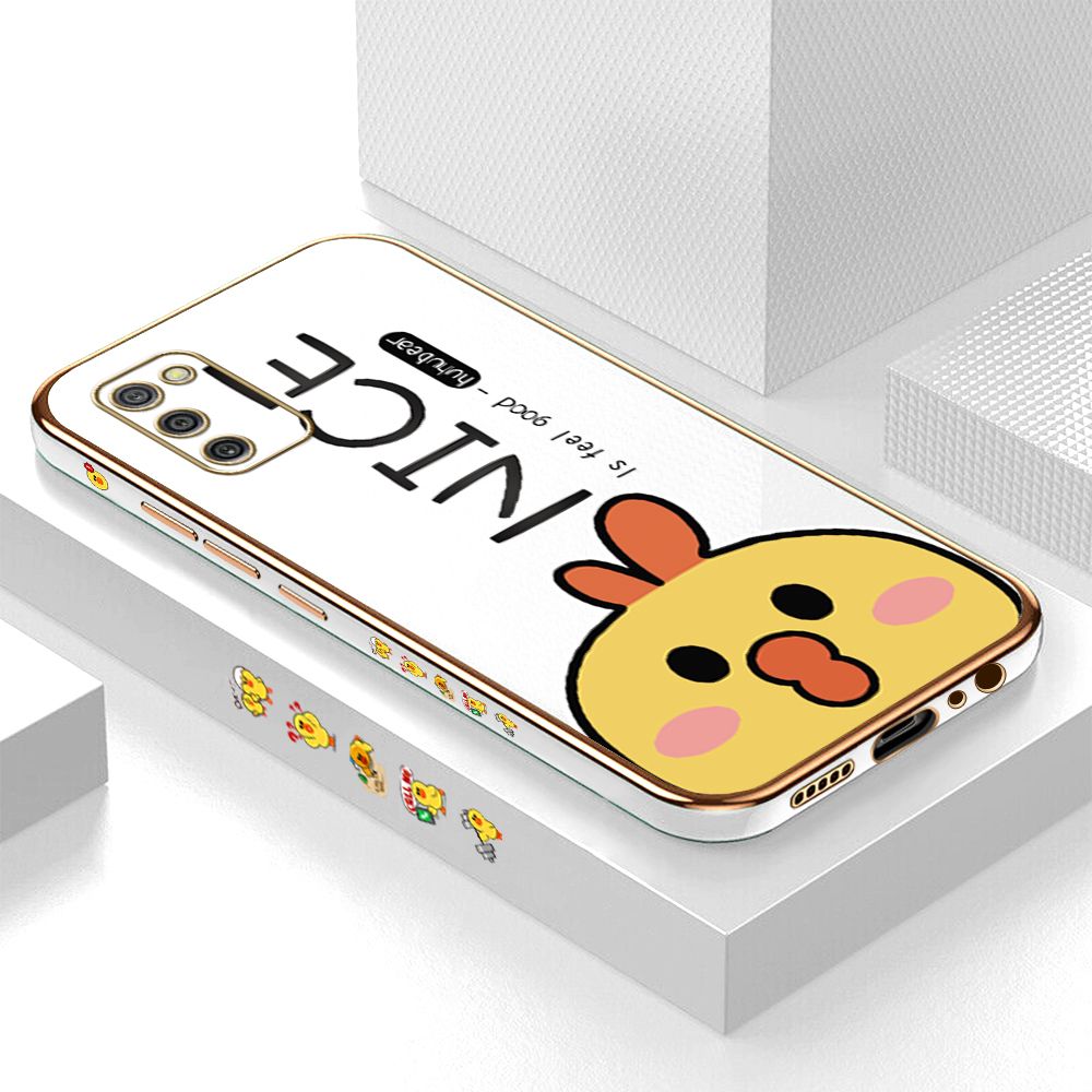 Luxury 6D Plating Case for Samsung A02S Cartoon Cute Doodle Chicken Side Pattern Back Cover Soft Silicone Square Phone Cases + Free Lanyard