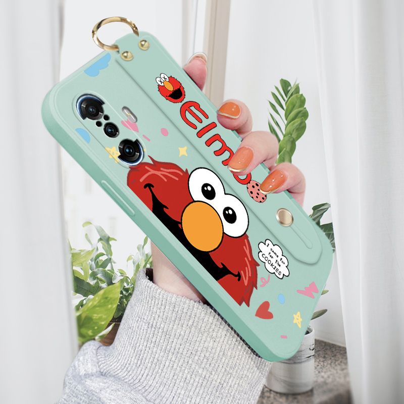 ZeroQiQi for Xiaomi Redmi K40 Gaming Wrist Strap Case Cute Cute Cartoon Little Monster Phone Cover Square Edge Liquid Silicone Case Full Cover Camera Shockproof Protective Cases