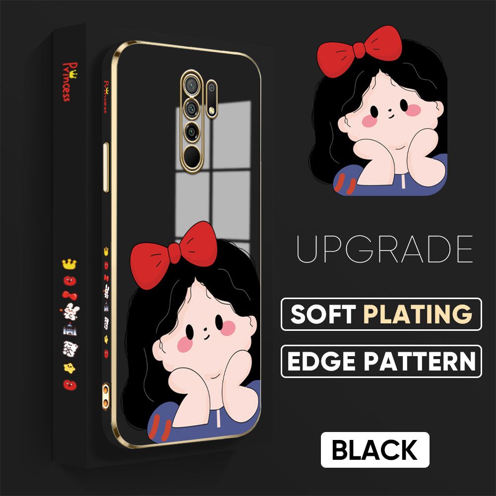 TA for Xiaomi Poco M2 / Redmi 9 Back Cover + Free Lanyard Cute Princess Luxury 6D Plating Case Side Pattern Soft Silicone Square Phone Cases