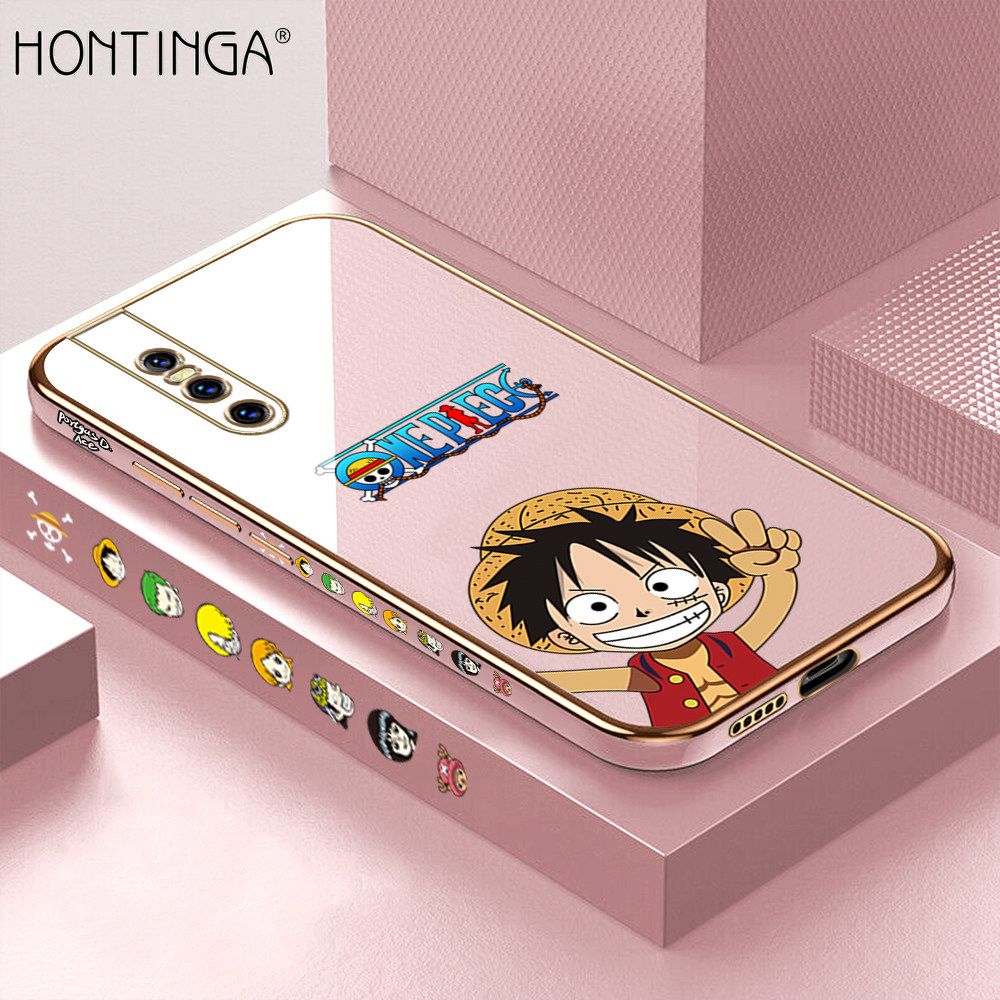Hontinga for Vivo V15 Pro Back Cover + Free Lanyard Luxury 6D Plating Anime Cartoon Happy Luffy Side Pattern Case Soft Silicone Square Mobile Cover