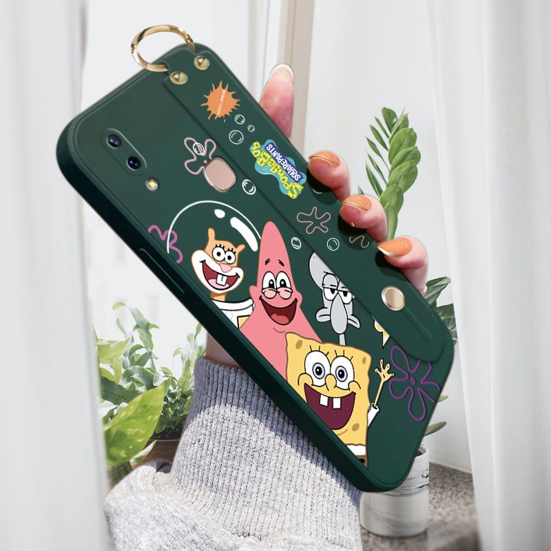 ZeroQiQi for Vivo Y85 Wrist Strap Case Cute Cute Funny Cartoon Sponge for Square Pants Cover Square Edge Liquid Silicone Anti-drop Phone Case