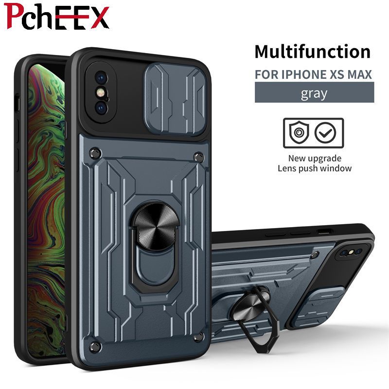For Apple iPhone Xs Max Phone Case, Hard Armor Camera Protection Cover Ring Stand Card MultifunctionalCasing