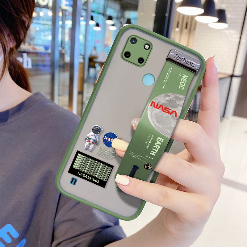 UCUC for Realme C21Y Wrist Strap Case Creative Cartoon Astronaut Wristband Printing Cover Shockproof Frosted Phone Case