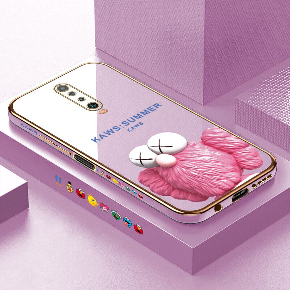 Luxury 6D Plating Soft Casing Silicone Square Frame Phone Case For Redmi K30 Case Shiny Bling Back Cover Cartoon Pink Doll Square Edge Pattern Design Soft Case + Free Lanyard