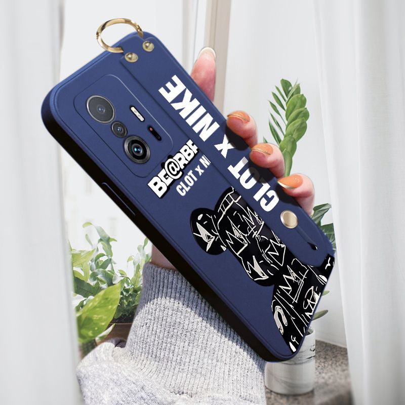 ZeroQiQi for Xiaomi 11T Pro Wrist Strap Case Fashion Black Brand Bear Phone Case Square Edge Liquid Silicone Cases Full Cover Camera Shockproof Protection Cases