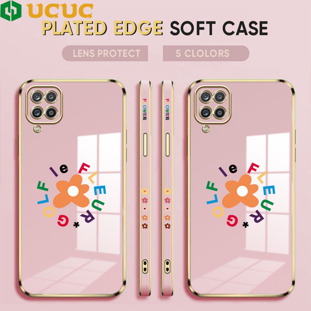 UCUC for Samsung Galaxy A12 / A12 5G / M12 Back Cover + Free Lanyard Colorful Flower Luxury 6D Plating Case Side Pattern Soft Silicone Square Phone Cases