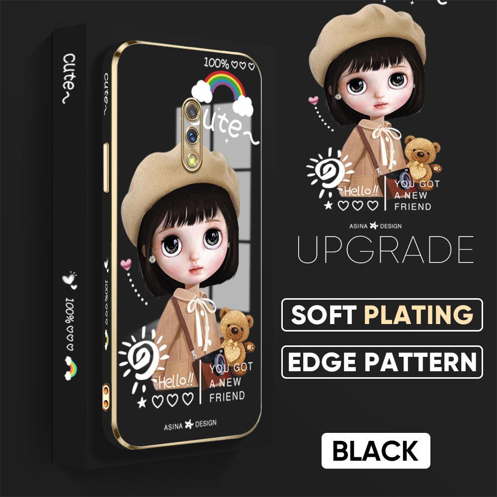 Jizetin (Free Lanyard) Realme X Cover Satchel Girl Luxury 6D Plating Soft Casing Silicone Square Frame Phone Case Shiny Bling Back Cover