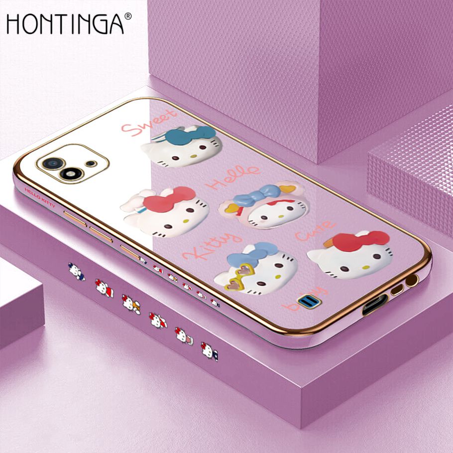 Hontinga for Realme C20 / C20A / C11 2021 Back Cover Luxury 6D Plating Cartoon Cute Kitty Side Pattern Case Soft Silicone Square Phone Cases