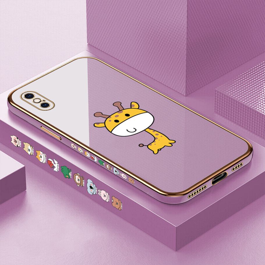 Luxury 6D Plating Case for iPhone XS MAX Color Cute Giraffe Side Pattern Back Cover Soft Silicone Square Frame Shiny Bling Phone Cases + Free Lanyard