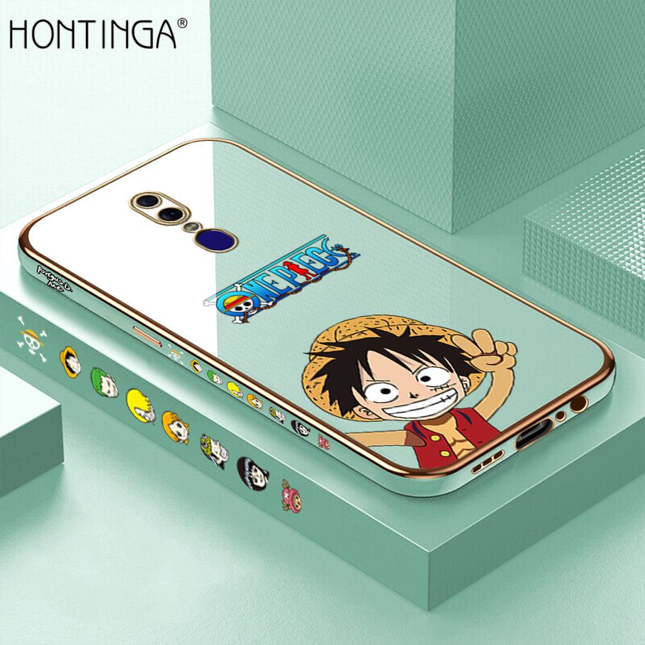 Hontinga for OPPO F11 Back Cover + Free Lanyard Luxury 6D Plating Anime Cartoon Happy Luffy Side Pattern Case Soft Silicone Square Mobile Cover