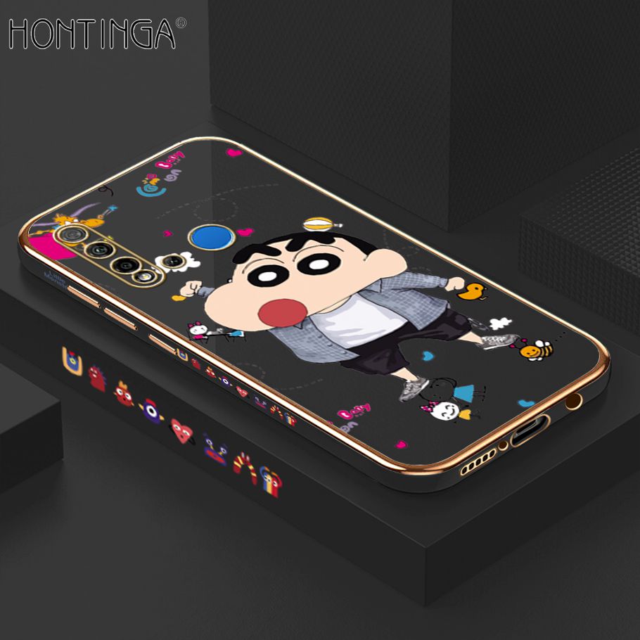 Hontinga for Huawei Nova 5i / P20 Lite 2019 Back Cover + Free Lanyard Luxury 6D Plating Cartoon Crayon Shin-chan Side Pattern Case Soft Silicone Square Phone Cases