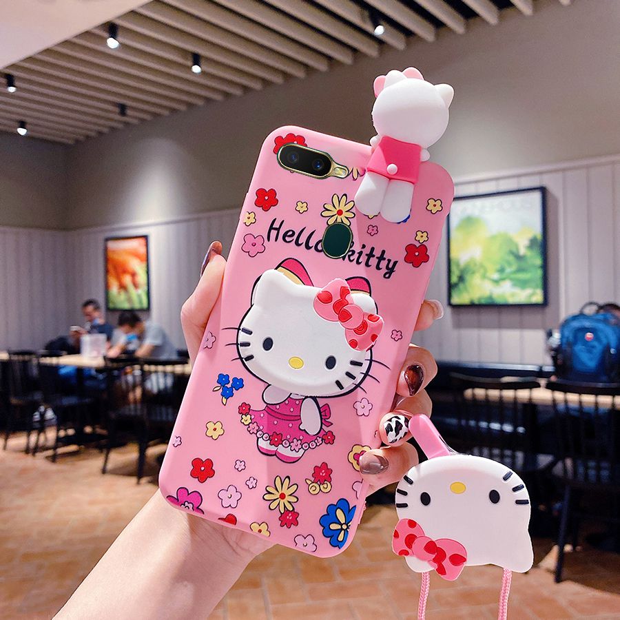 Phone Case For OPPO A15 A7 A5S A12 A3S A37 A9 2020 A5 2020 A53 A92 A52 A31 2020 Cartoon cute 3D Hello Kitty phone case soft silicone phone case cover bracket lanyard