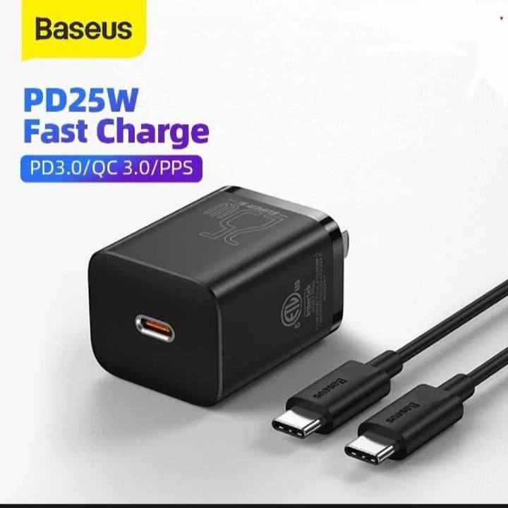 Baseus Super Si Quick Charger 1C 25W US Sets With Mini Cable Type-C to Type-C 3A 1m Black