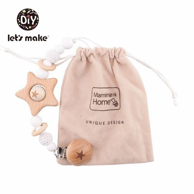 Let's Make Baby Teether 1PC Pacifier Chain Beech Star Wooden Clip Geometric Crochet Beads With Bag Wooden Teether Tiny Rod Toys